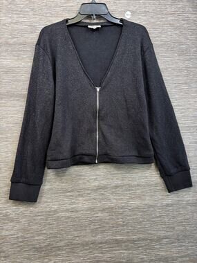 Chevignon Cardigan Sweater Womens L Black Metallic V Neck Full Zip Knit Cropped